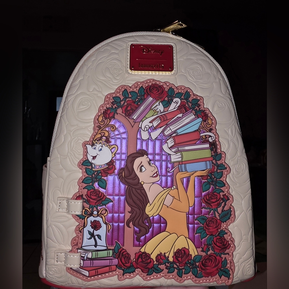 Loungefly Disney Beauty and the Beast Belle Roses Magnetic Door Mini Backpack